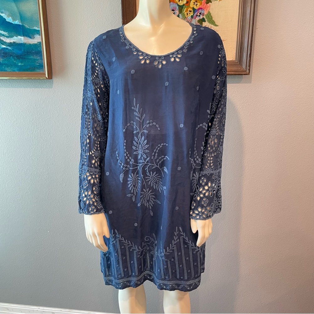 READ Johnny Was Connor Dress Blue Eyelet Lace Embroidered Marked size M